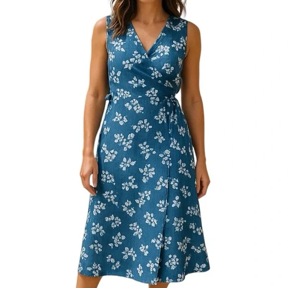 Draper James 8 Sleeveless Denim Wrap Midi Length Dress 100% Cotton - Picture 1 of 12